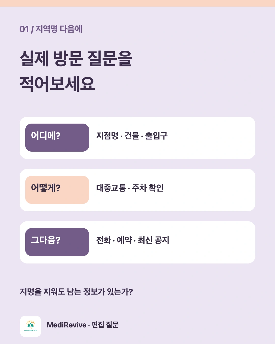 지역명 병원 글에서 지점·출입구·대중교통·전화·예약 질문을 확인하는 카드