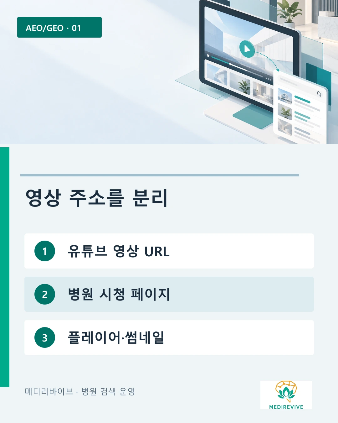 병원 유튜브 영상을 홈페이지에 넣었는데 검색에 안 보일 때: 시청 페이지 점검법 1 유튜브 영상 주소 병원 시청 페이지 주소 플레이어와 썸네일을 구분하는 안내