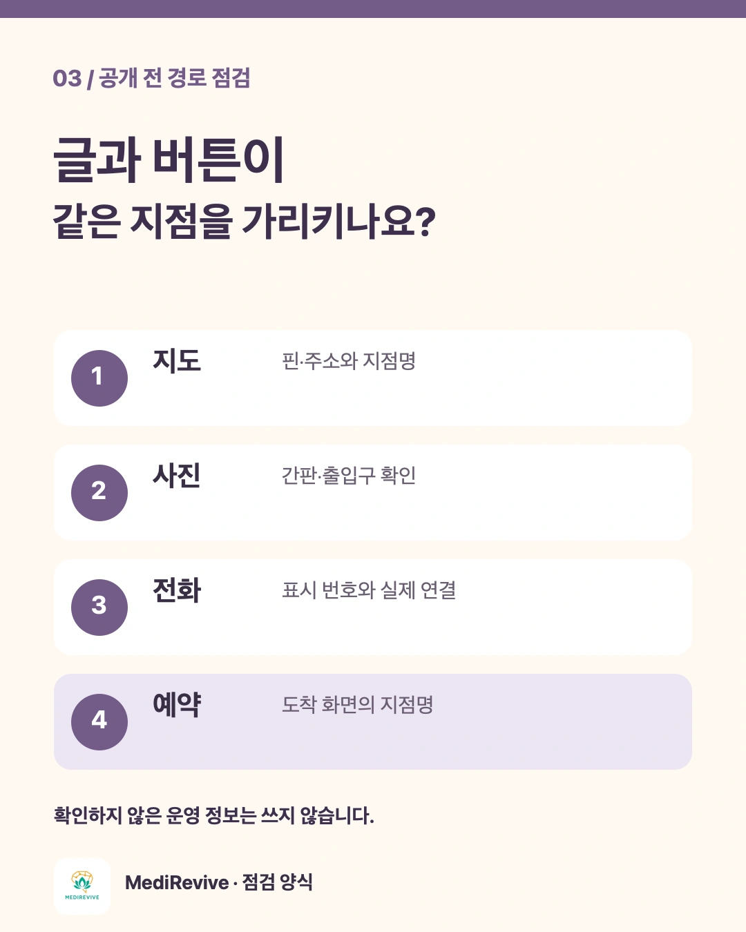 지도 핀·출입구 사진·전화 연결·예약 화면의 지점명을 대조하는 카드